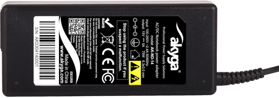 Akyga AK-ND-14 15V/5A/75W 6,3x3,0mm Toshiba notebook hálózati töltő