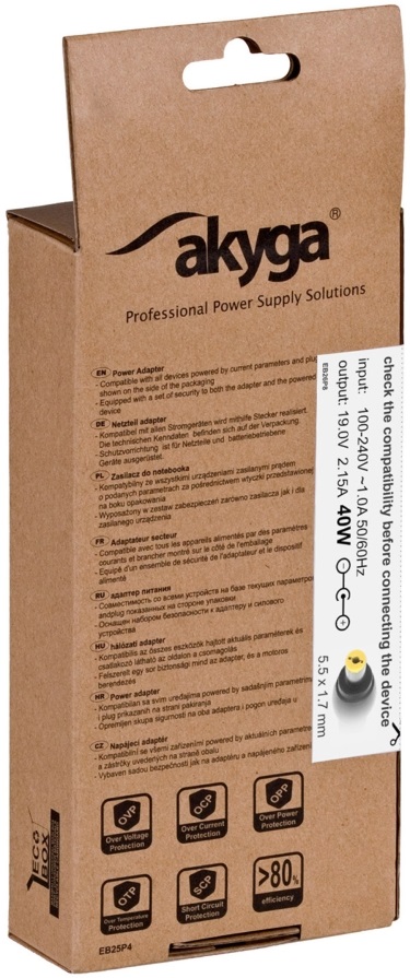 Akyga AK-ND-47 19V/2,15A/40W 5,5x1,7mm Acer / Dell / Packard Bell notebook hálózati töltő