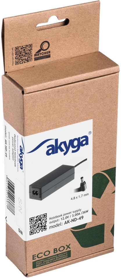 Akyga 12V/3A/36W 4,8x1,7mm Asus notebook hálózati töltő