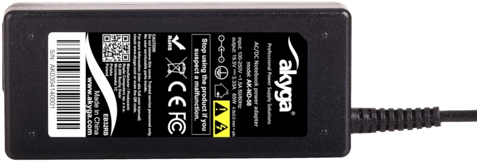 Akyga AK-ND-58 19,5V/3,33A/65W 4,5x3mm + pin DELL notebook hálózati töltő