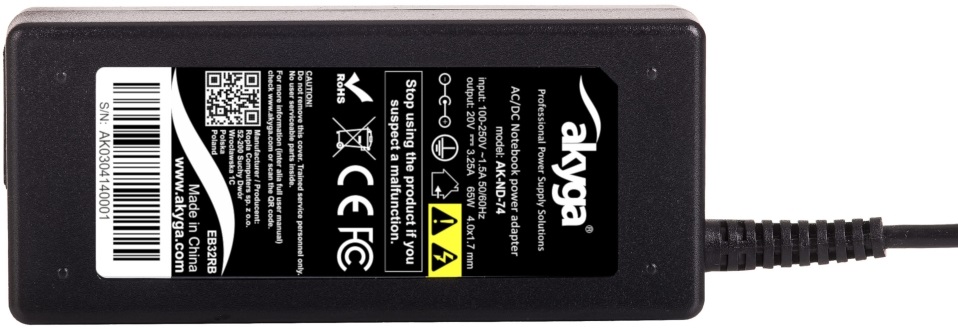 Akyga 20V/3,25A/65W 4,0x1,7mm Lenovo notebook hálózati töltő