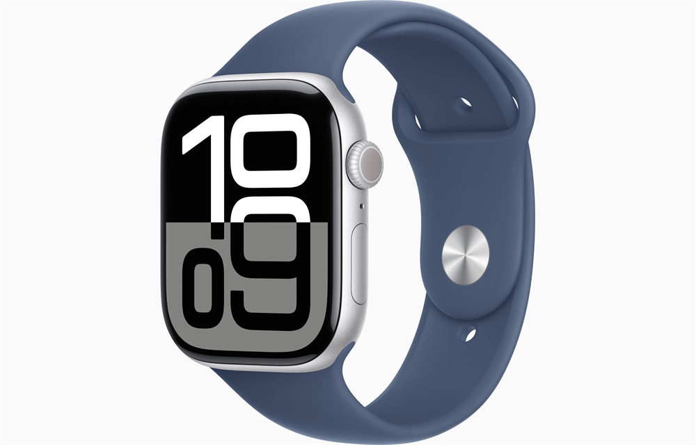 Apple Watch S10 GPS (46mm) ezüst alumínium tok, denim sportszíj (S/M) okosóra