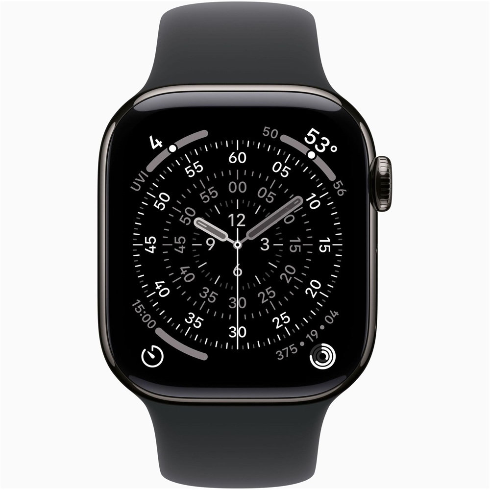 Apple Watch S11 Cellular (42mm) palaszürke titánium tok, fekete S/M sportszíjas okosóra