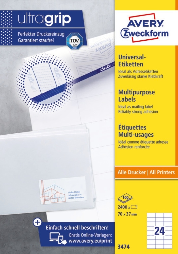 Avery 3474 70×37mm univerzális 2400db-os etikett