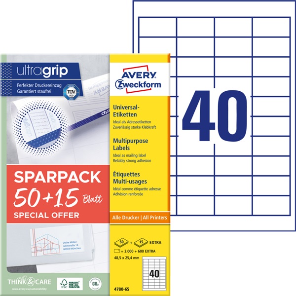 Avery 4780-65 48,5x25,4 mm univerzális 50+15 lap 2600 db-os etikett