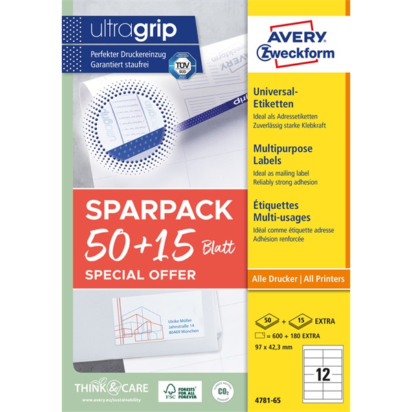 Avery 4781-65 97 x 42,3 mm univerzális 50+15 lap 780 db-os etikett