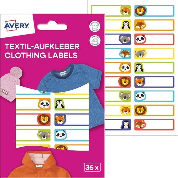 Avery ETVET36A iskolai kézzel írható 45x13 mm 36 db állatos textil öntapadós címke