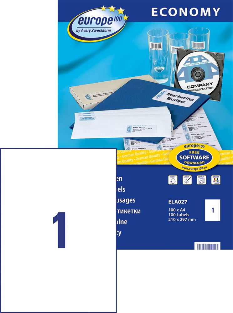 Avery Europe100 ELA027 210x297mm 100db-os etikett