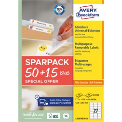 Avery L4737REV-65 63,5x29,6 mm visszaszedhető univerzális 50+15 lap 1755 db-os etikett