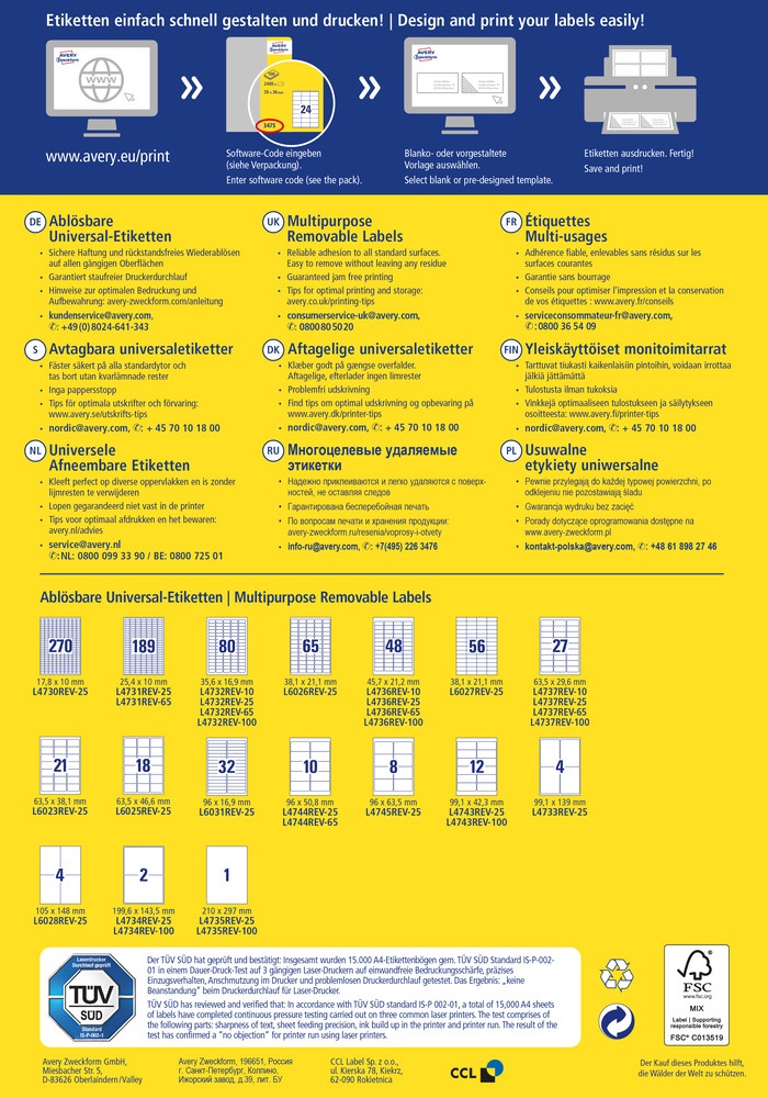 Avery L4744REV-65 96x50,8 mm visszaszedhető univerzális 50+15 lap 650 db-os etikett