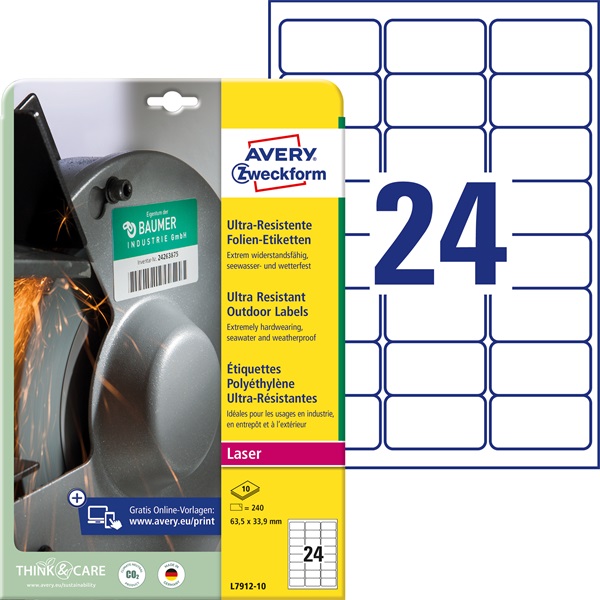 Avery L7912-10 63,5x33,9 mm ultra ellenálló 240 db-os etikett