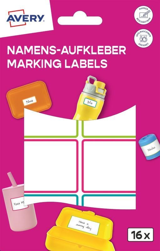 Avery NAME16C iskolai 46x33 mm 16 db öntapadós színes vízálló fólia