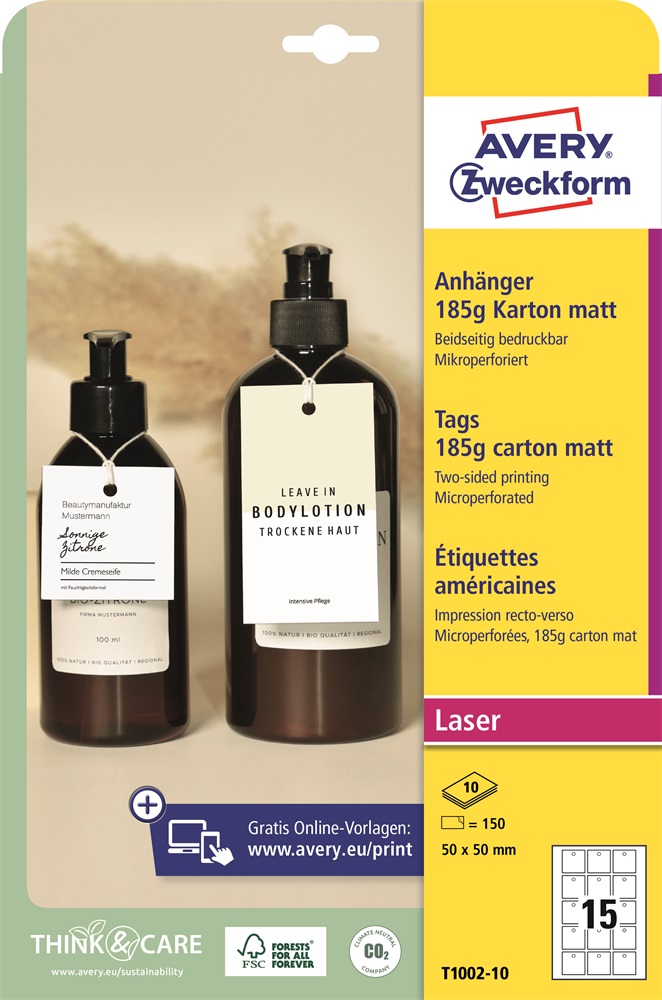 Avery T1002-10 185g 50x50mm 150db-os mikroperforált karton függő címke