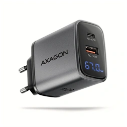 Axagon ACU-PQ67D PD3.0 & QC4+ 2× OUTPUTS, LCD kijelzővel és két kimenettel (USB-A + USB-C) 67W GaN hálózati töltő