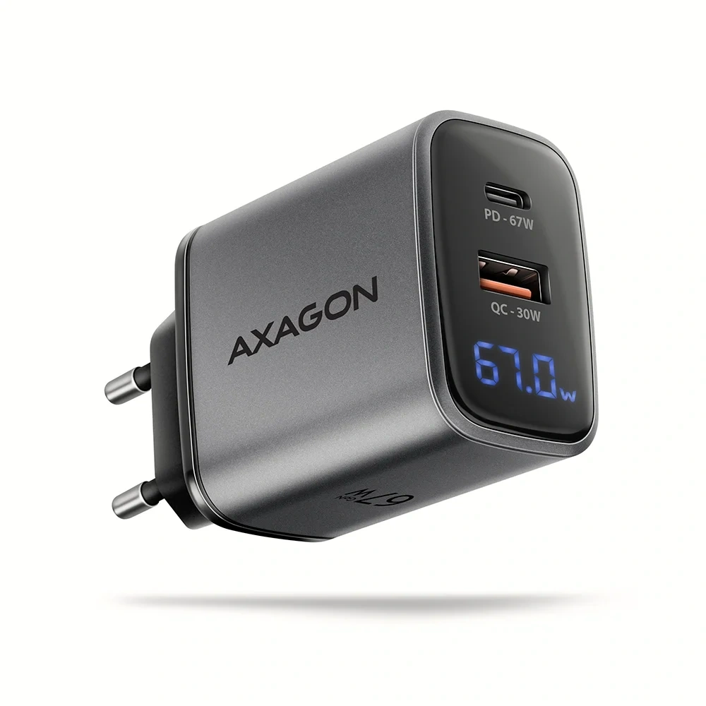 Axagon ACU-PQ67D PD3.0 & QC4+ 2× OUTPUTS, LCD kijelzővel és két kimenettel (USB-A + USB-C) 67W GaN hálózati töltő