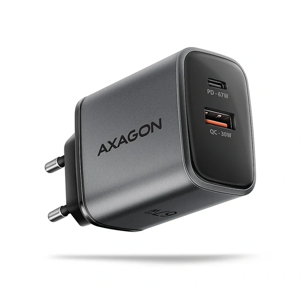 Axagon ACU-PQ67 PD3.0 & QC4+ 2× OUTPUTS, két kimenettel (USB-A + USB-C) 67WGaN hálózati töltő