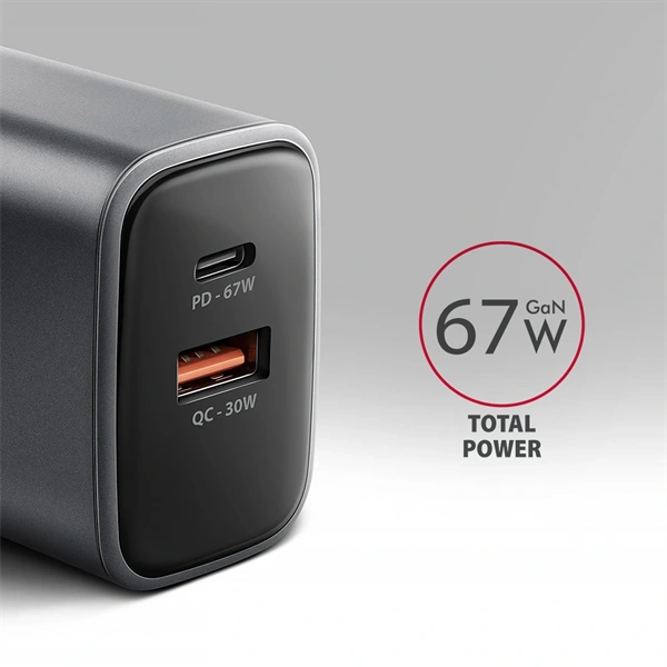 Axagon ACU-PQ67 PD3.0 & QC4+ 2× OUTPUTS, két kimenettel (USB-A + USB-C) 67WGaN hálózati töltő