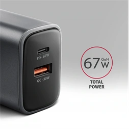 Axagon ACU-PQ67 PD3.0 & QC4+ 2× OUTPUTS, két kimenettel (USB-A + USB-C) 67WGaN hálózati töltő