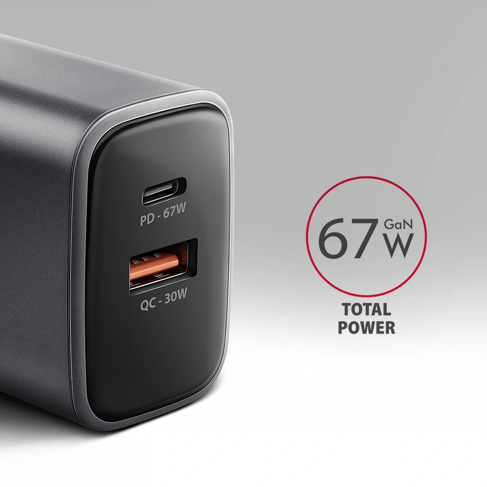 Axagon ACU-PQ67 PD3.0 & QC4+ 2× OUTPUTS, két kimenettel (USB-A + USB-C) 67WGaN hálózati töltő