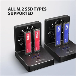 Axagon ADSA-M2C22 USB-C 20Gbps dokkolóállomás 2x M.2 NVMe / SATA SSD-hez, PC nélküli lemezklónozási funkcióval