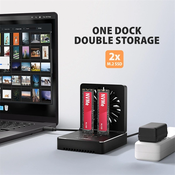 Axagon ADSA-M2C22 USB-C 20Gbps dokkolóállomás 2x M.2 NVMe / SATA SSD-hez, PC nélküli lemezklónozási funkcióval