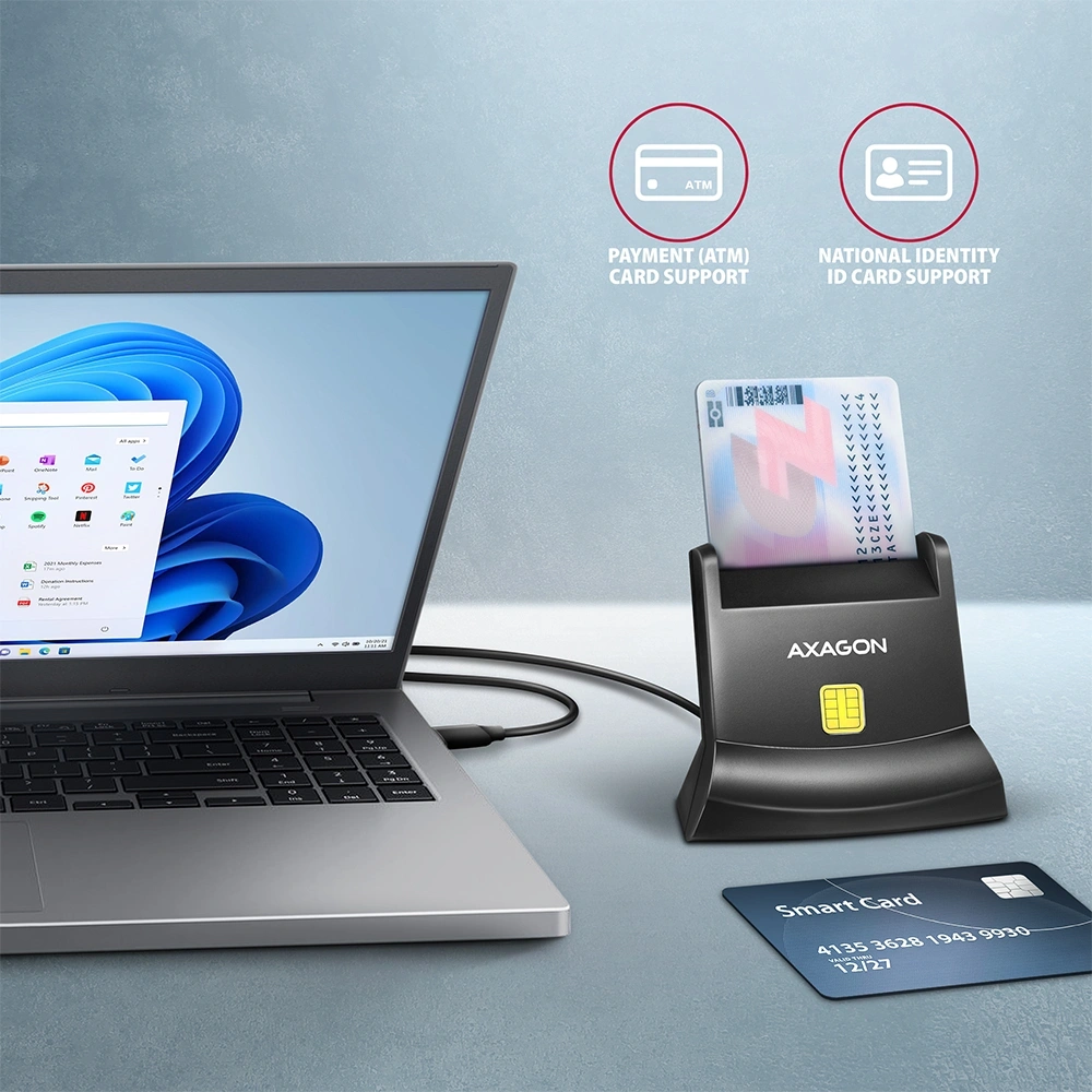 Axagon CRE-SM4NC univerzális asztali Smart / ID kártya olvasó hosszú USB-C kábellel