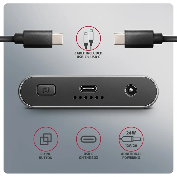 Axagon EEM2-20GD USB-C 20Gbps Dual M.2 NVMe SSD CLONE MASTER Enclosure külső USB-C 20Gbps fém SSD ház