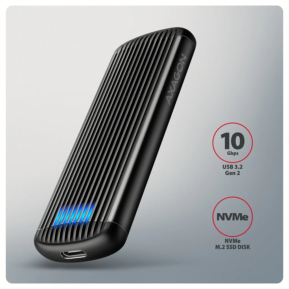 Axagon EEM2-SC USB-C 10Gbps - M.2 NVMe SSD RIBBED Box külső USB-C 10Gbps fém ház