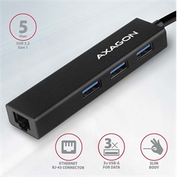 Axagon HMA-GL3A 3 portos USB3.2. Gen 2 fekete HUB Gigabit LAN porttal