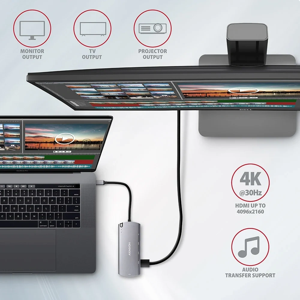 Axagon HMC-6M2 SUPERSPEED USB-C COMBO ezüst-fekete  6in1 hub