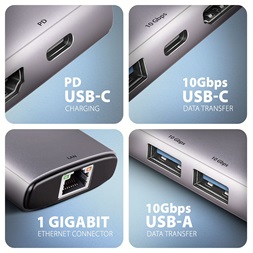 Axagon HMC-6G2L 10Gbps 6in1 szürke Type-C hub
