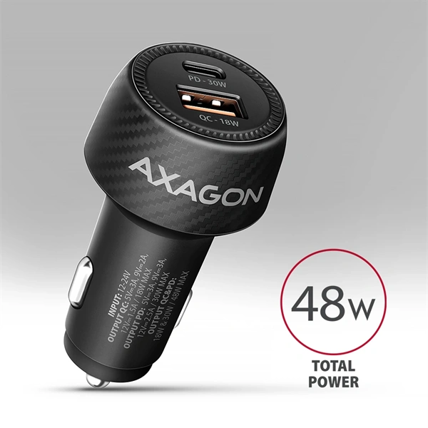 Axagon PWC-PQ48 PD3.0 & QC4+ 2× OUTPUTS 48W két kimenettel (USB-A + USB-C) autós töltő