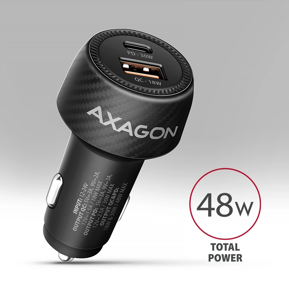 Axagon PWC-PQ48 PD3.0 & QC4+ 2× OUTPUTS 48W két kimenettel (USB-A + USB-C) autós töltő