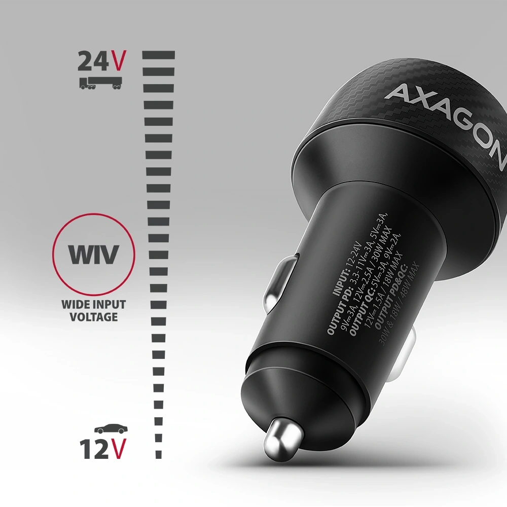 Axagon PWC-PQ48 PD3.0 & QC4+ 2× OUTPUTS 48W két kimenettel (USB-A + USB-C) autós töltő