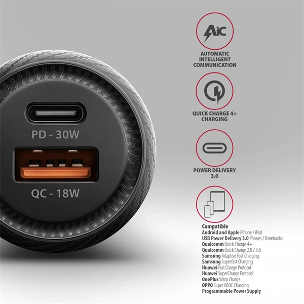 Axagon PWC-PQ48 PD3.0 & QC4+ 2× OUTPUTS 48W két kimenettel (USB-A + USB-C) autós töltő
