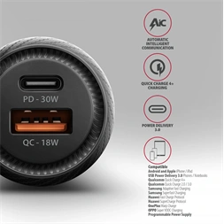 Axagon PWC-PQ48 PD3.0 & QC4+ 2× OUTPUTS 48W két kimenettel (USB-A + USB-C) autós töltő
