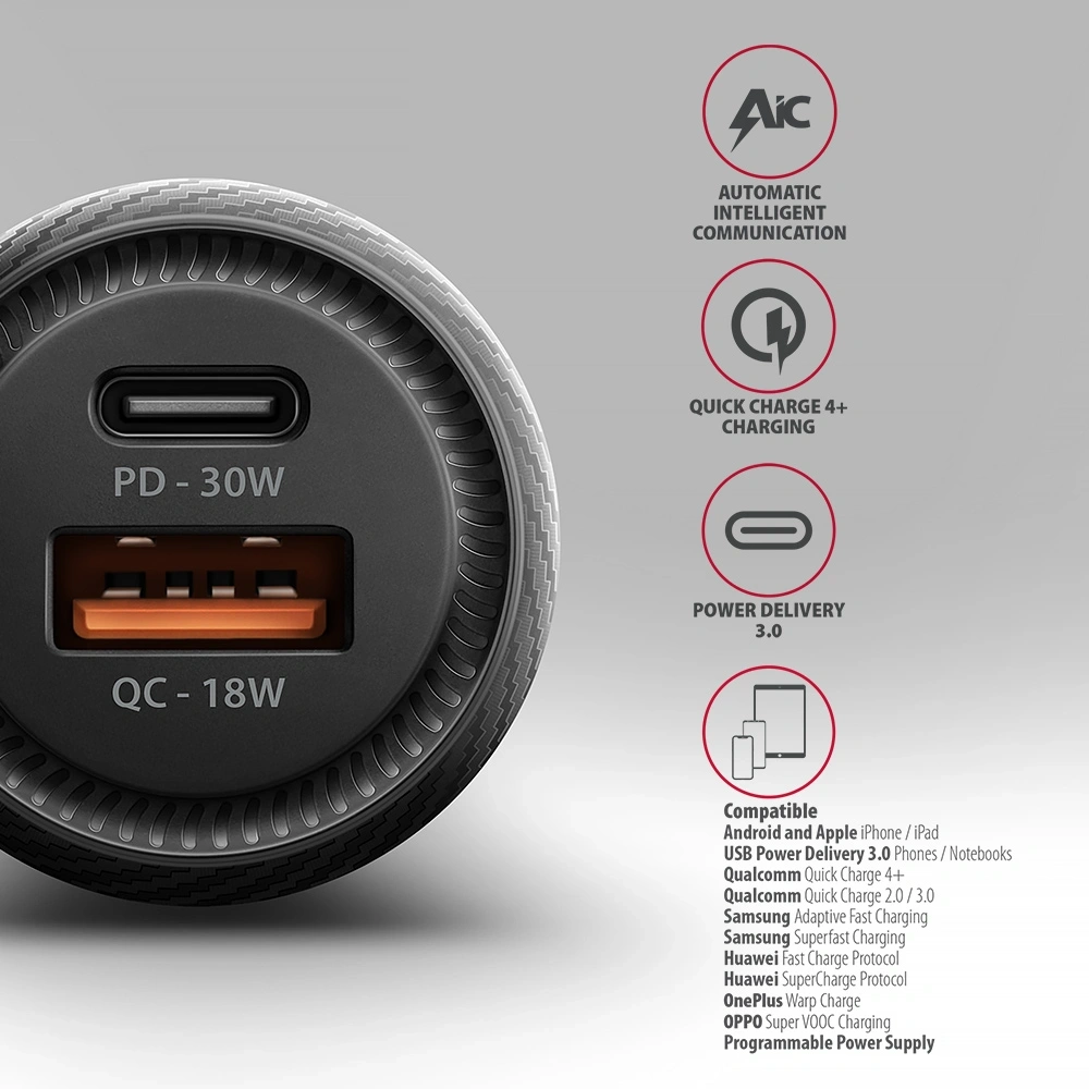 Axagon PWC-PQ48 PD3.0 & QC4+ 2× OUTPUTS 48W két kimenettel (USB-A + USB-C) autós töltő