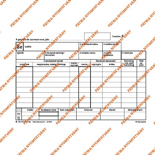 B.12-111/V A5 25x4 fekvő "Készletbevételezési bizonylat" nyomtatvány