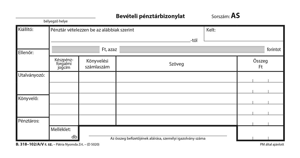 B.318-102/A/V 25x3lapos "Bevételi pénztárbizonylat" nyomtatvány