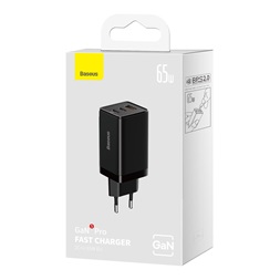 Baseus GaN5 Pro CCGP120201, 2xUSB-C, 1xUSB-A, 65W, EU, fekete, (USB-C kábel 5A, 1m) gyorstöltő