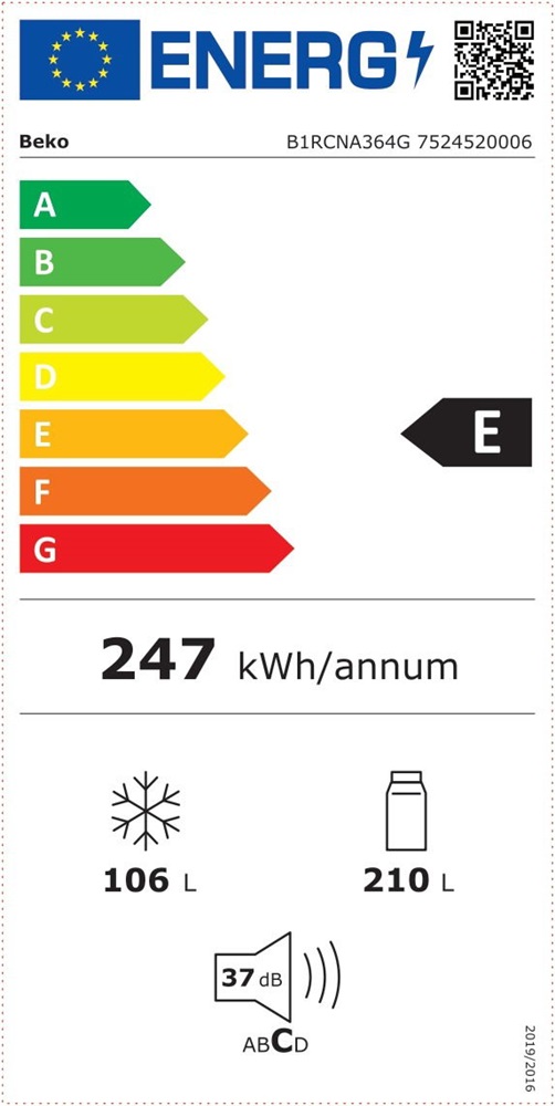 Beko B1RCNA364G szürke, alulfagyasztós, Hűtő:210L, Fagyasztó:106L, hűtőszekrény