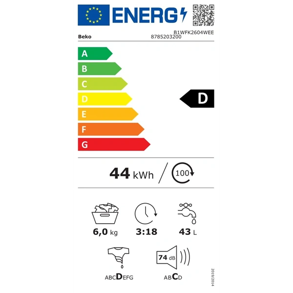 Beko B1WFK2604WEE fehér, elöltöltős, max.1000.ford., 6kg, mosógép
