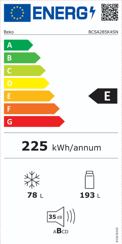 Beko BCSA285K4SN fehér, alulfagyasztós, beépíthető, Hűtő:193L, Fagyasztó:78L, hűtőszekrény
