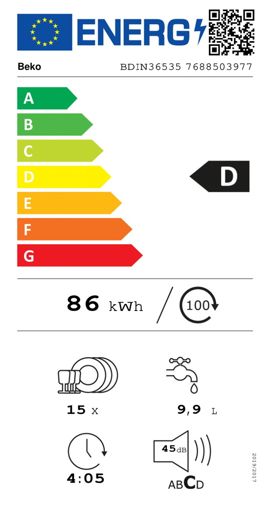 Beko BDIN36535 fehér, programok száma: 5, beépíthető, 15 terítékes mosogatógép 