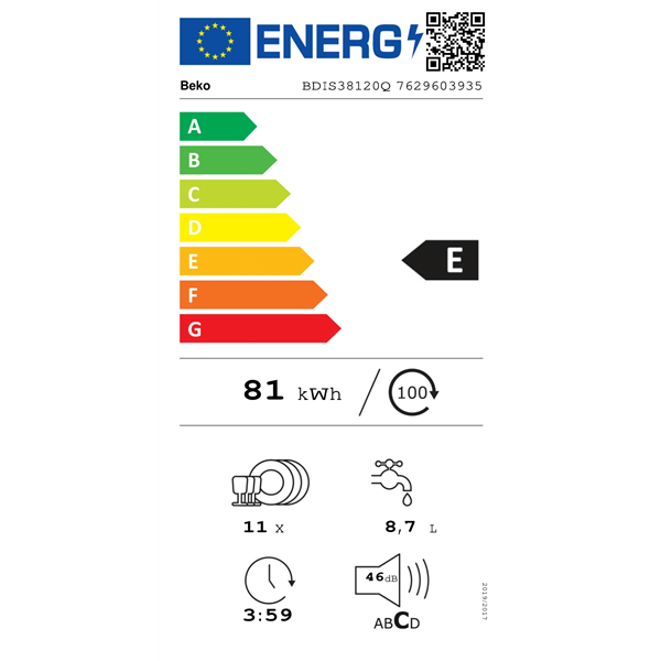 Beko BDIS38120Q beépíthető keskeny 11 terítékes mosogatógép