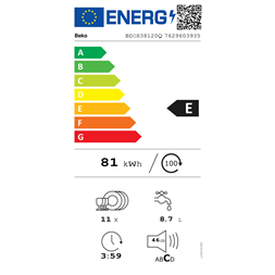 Beko BDIS38120Q beépíthető keskeny 11 terítékes mosogatógép