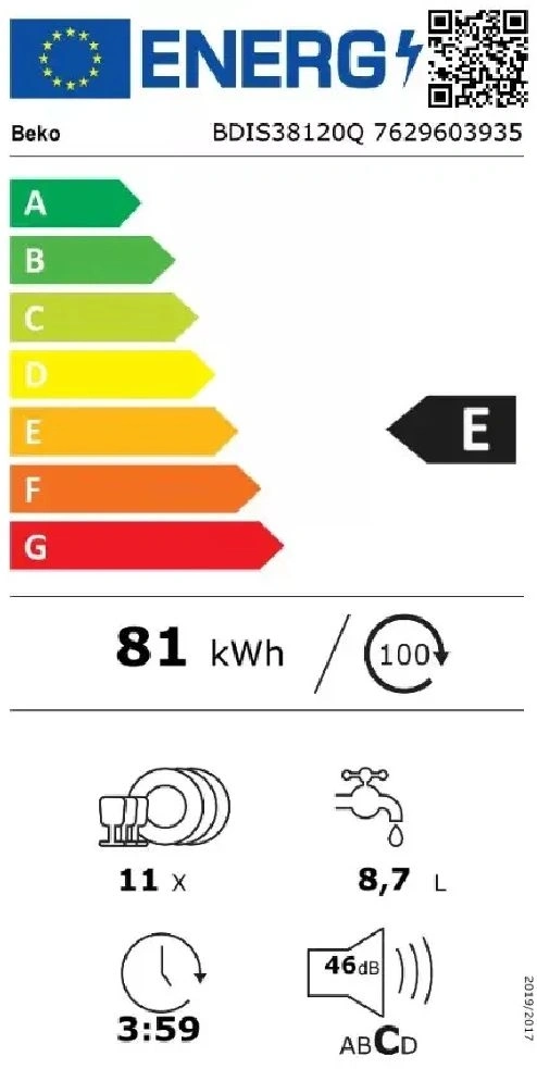 Beko BDIS38120Q programok száma: 8, keskeny beépíthető, 11 terítékes mosogatógép (Újszerű)