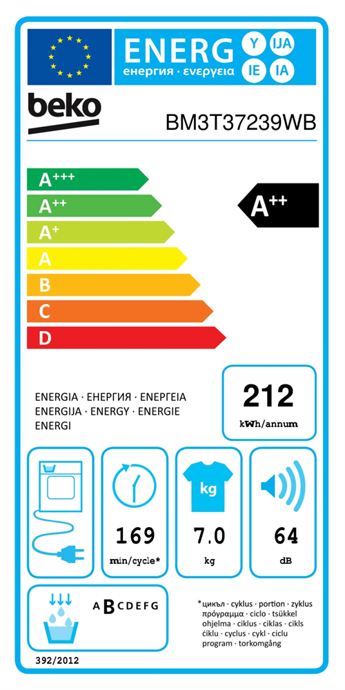 Beko BM3T37239WB fehér, 7 kg, hőszivattyús, szárítógép