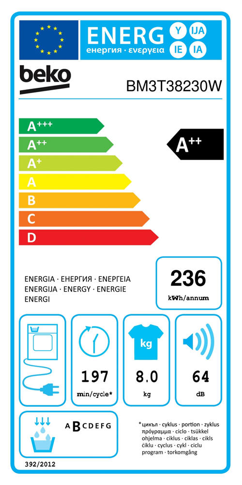 Beko BM3T38230W fehér, 8 kg, hőszivattyús, szárítógép