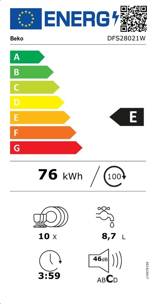 Beko DFS28021W fehér, programok száma: 8, keskeny szabadonálló, 10 terítékes mosogatógép 